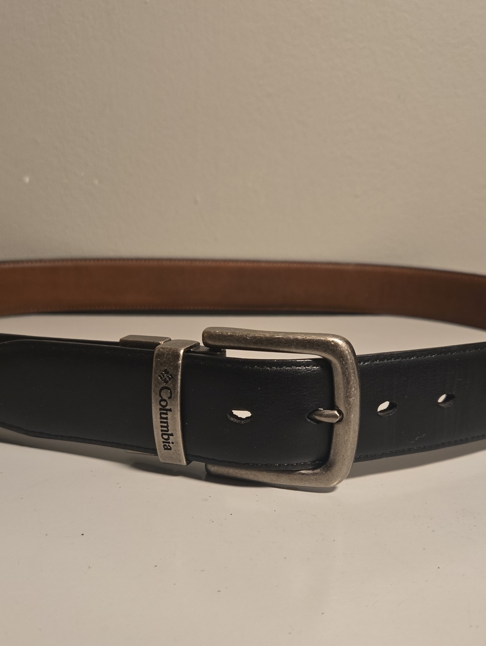 Columbia Men's Black and Brown Reversible Leather Belt with Antiqued Buckle